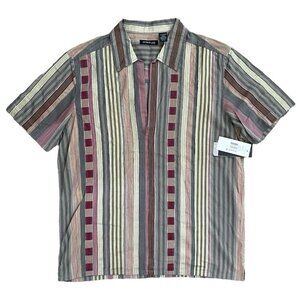 Kenneth Cole Mens Bohemian Short Sleeve Shirt Sz XL Indian Ethnic Striped Patch